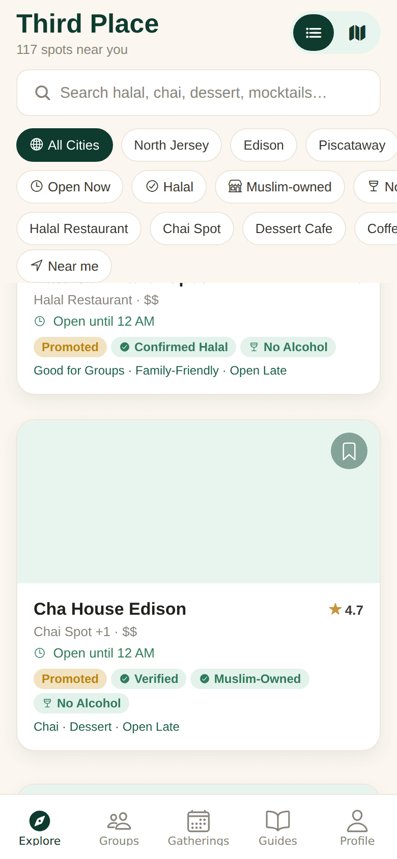 Third Place Explore screen from the current build: search, halal and vibe filters, and a place card with Verified, Muslim-Owned, and No Alcohol badges