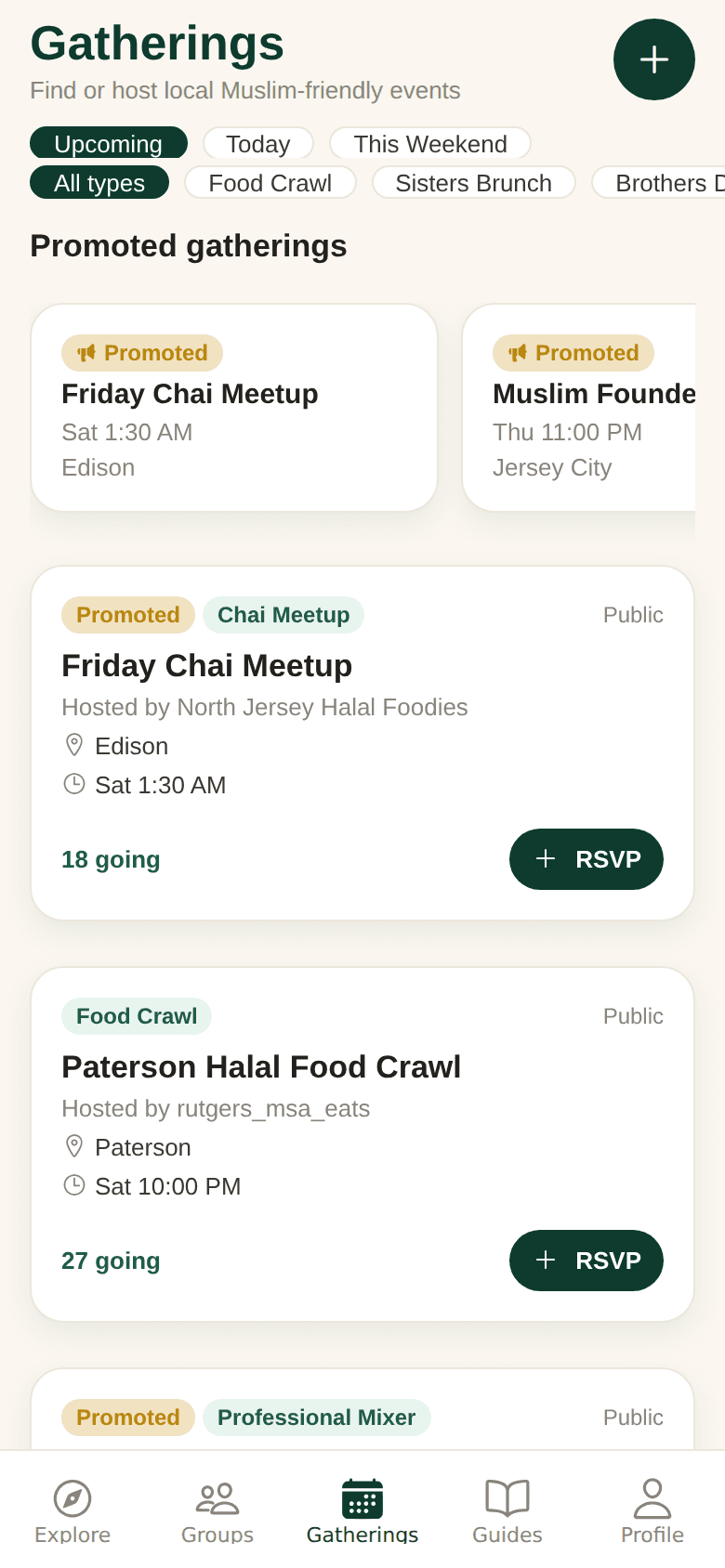 Third Place Gatherings screen from the current build: promoted gatherings including a chai meetup and a halal food crawl with RSVP buttons
