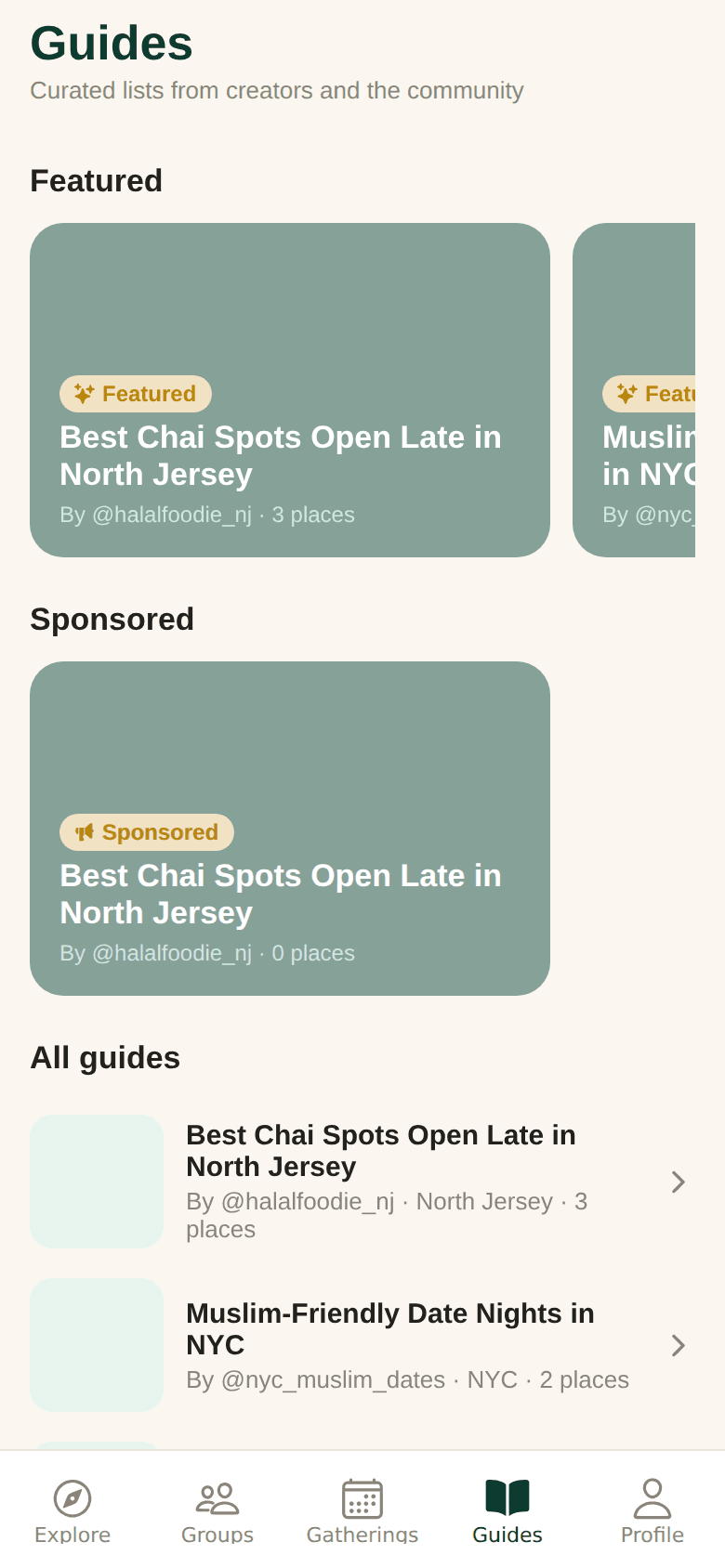 Third Place Guides screen from the current build: featured and sponsored creator guides like Best Chai Spots Open Late in North Jersey